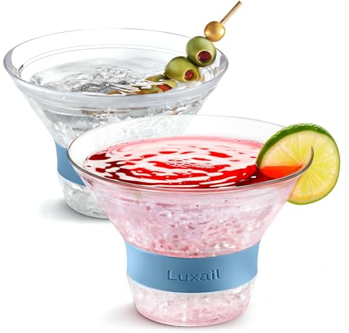 luxail Martini Glasses, Plastic Reusable Insulated Freeze Martini Cooling Cups, Gel Chiller, Double Wall Stemless Martini Glasses Set of 2, 9 Oz Capacity, Martini Gifts, 2 Reusable Cocktail Straws