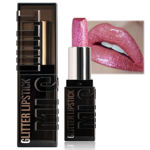 Glitter Lipstick - Moisture & Metallic Shine Pink Lip Gloss - Soft & Hydrating Long Lasting & Waterproof - Non-Stick Cup Metallic Shimmer Lipstick