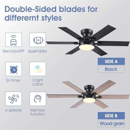 Image of 52 inchModern 6-Blades Black Low Profile Flush Mount Ceiling Fans with Light | Supports Remote and APP,6 Wind Speeds, Reversible, Dimmable 3 Light Colors LED Light, Quiet DC Motor,6 Double-Sided Blades
