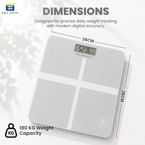 Image of Btag Premium Digital Body Weight Scale | 26x26 cm Wide Platform | Clear LCD Display | Anti-Skid Base | 180 kg Capacity Cross Design (White)