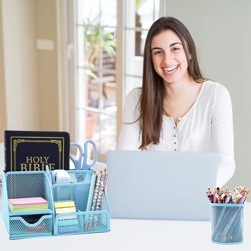 12-in-1 blaues Schreibtisch-Organizer- und Zubehör-Set, blaues Bürozubehör, blauer Hefter, Stifthalter, Klebebandhalter, Heftklammern, Klammerentferner für Schule, Geschenke für Kollegen, Frau