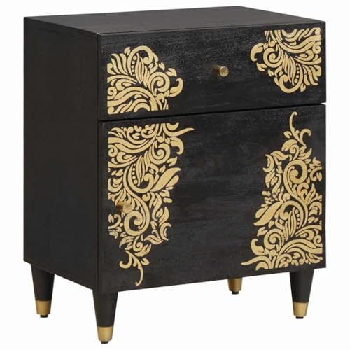 HFXHIJXQ Table de chevet noire en bois de manguier massif 50 x 33 x 60 cm - Armoire de chevet compacte avec porte et bouton en laiton - Design moderne pour...