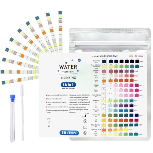 GJKLO 50 tiras de prueba de agua potable, prueba de dureza del agua, prueba de calidad del agua, tiras de prueba de agua potable 16 en 1 para prueba de calidad del agua en el hogar