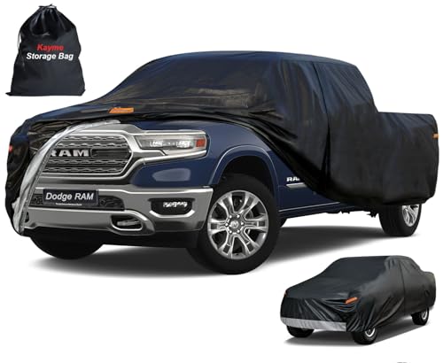 Image of Kayme Truck Cover Custom Fit Dodge Ram 1500(2009-2025) Crew Cab Short Bed. Full Exterior Heavy Duty Outdoor Pickup Truck Car Cover Waterproof All Weather.Car Tarp for Wind Sun Dust Protection.Black