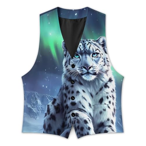 Snow Leopard Aurora Borealis Men's Formal Suit Vest for Business Formal Or Casual Dress Waistcoat Wedding3