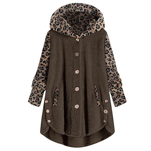 Casaco feminino de inverno felpudo com capuz de pele e estampa de leopardo, jaqueta de lã com botão