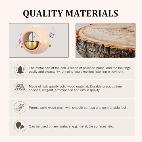 Image of HASTHIP Door Bell with Adhesive Backing, Beech Wooden Brass Round Bell, Decorative Doorbell for Home, Office Ornament and Hanging Decoration for Business Entrance