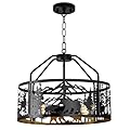 Farmhouse Rustic Ceiling Light Fixture, Modern Black Metal Chandelier Light Fixture with Bear and Deer Design, Adjustable Height, Perfects for Kitchen, Living Room, Hallway, Foyer, Entryway Lighting