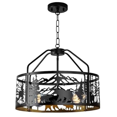 Farmhouse Rustic Ceiling Light Fixture, Modern Black Metal Chandelier Light Fixture with Bear and Deer Design, Adjustable Height, Perfects for Kitchen, Living Room, Hallway, Foyer, Entryway Lighting