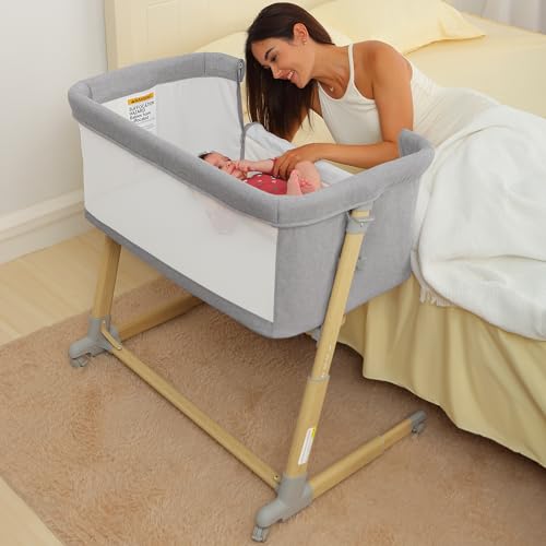 Image of AMKE 3 in 1 Baby Bassinets,Bedside Sleeper for Baby,Baby Cradle with Storage Basket, Easy to Assemble Bassinet for Newborn/Infant, Adjustable Bedside Crib,Safe Portable Baby Bed (Wood Print- Gray)