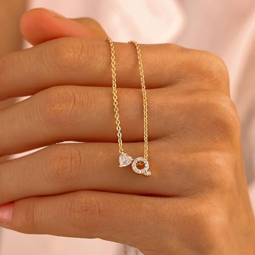 Initial Heart Necklaces for Women - Dainty Cute Necklace Small Layered 14K Gold Plated A-Z Letter CZ Pendant Trendy Satellite Chain Necklaces for Women Non Tarnish Gold Jewelry Set Gift