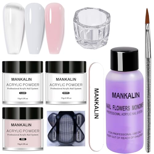 Acrylic Powder and Liquid Nail Extension Kit - 3 Colors Set with Art Brush Forms Glass Cup File for Beginners