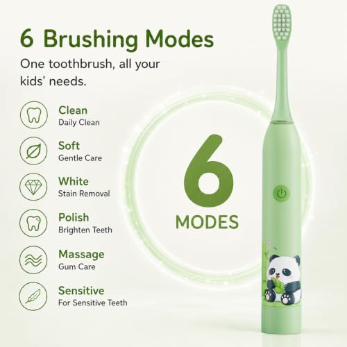 Image of Sonic Electric Toothbrush for Kids with 6 Modes, 4 Brush Heads & Rechargeable Battery, Ultra Soft Nylon Bristles, IPX7 Waterproof, Electric Power Tooth brush (Green)