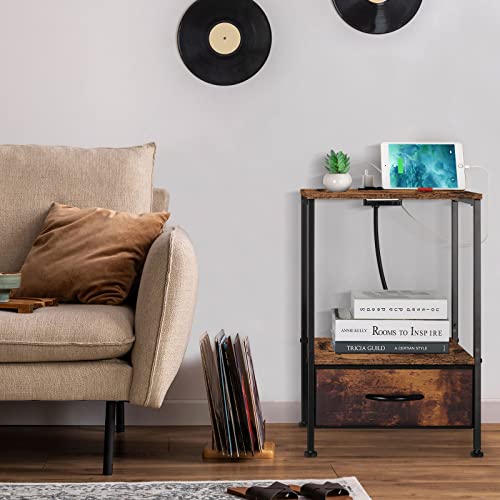 Nightstand With Charging Station, End Table With Usb Ports And Outlets 2 Tier Bedside Table With Fabric Drawer Industrial Night Stand With Storage Shelf For Bedrooms Living Room, Rustic Brown #TOP1