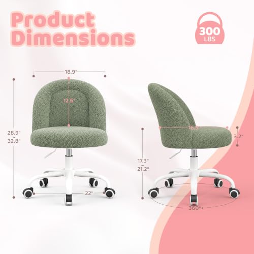 Image of DurayLoly Armless Vanity Chair with Wheels, Ultra-Soft Teddy Fleece, Adjustable Height & 360Swivel, Rolling Desk Chair for Bedroom, Dorm & Vanity Table, Ideal for Teens & Adults, Sage Green