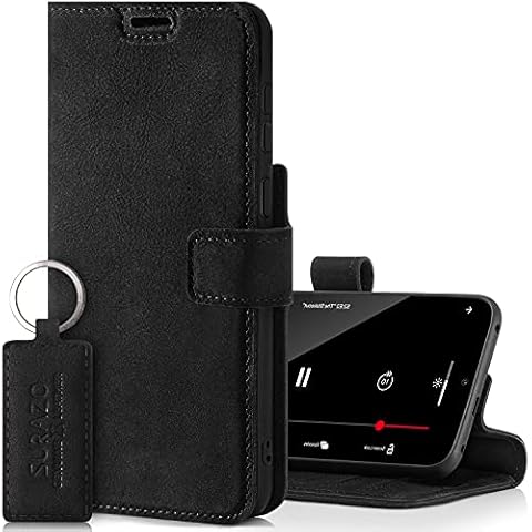 SURAZO iPhone 13 Pro Case Wallet Leather Genuine - RFID 3 Card Slots & Cash Pocket - Secure Magnetic Closure Plus Stand Function - Flip Folio Cover - Only for iPhone 13 Pro Screen Protector Black Cover