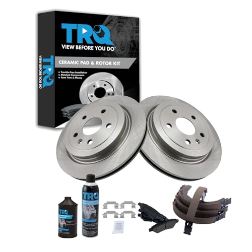 Image of TRQ Rear Brake Pad & Rotor Kit, with Chemical Kit Parking Brake Shoe Set Ceramic Compatible with 2008-2014 Cadillac CTS