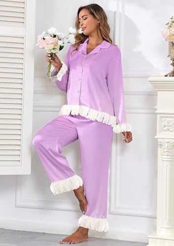Image of Brosloth Womens Silk Pajamas Set Long Sleeve Satin Button Up Sleepwear | Cute Soft Fall Pjs Sets, Lace 2 Piece Lounge Set, Elegant Bridesmaid Pajama, Skin Friendly Sleepwear for Wedding, Honeymoon