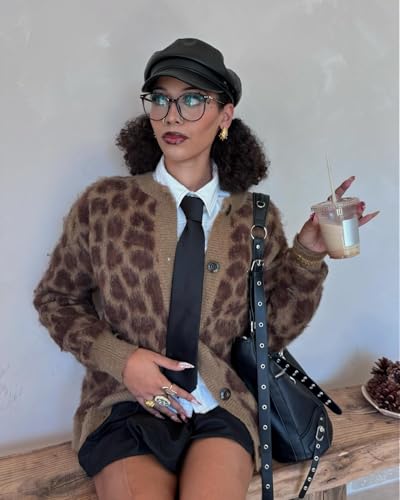 Image of Aelfric Eden Leopard Print Cardigan Sweaters for Women Oversized Cheetah Y2k Crewneck Button Down Long Sleeve Cardigans