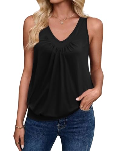 Zeagoo Womens Tank Tops Loose Fit V Neck Ruched Sleeveless Tops Casual Basic Banded Shirts S-XXL