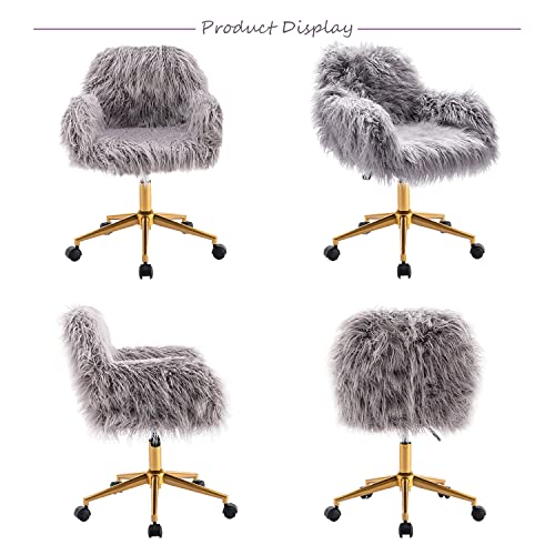 Homvent Faux Fur Home Office Chair,Faux Fur Vanity Chair For Women Girl,Modern Faux Fur Accent Chair Furry Makeup Desk Chairs With Rolling Wheels Armrest For Living Room Bedroom Office Vanity Grey #TOP6
