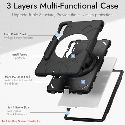 Image of Robustrion Cover for Samsung Galaxy Tab S10 Lite /Tab S9 FE / S10 FE 10.9 inch with S Pen Holder, Armor Cover with [Shoulder Strap] and [360 Degree Rotating Hand Strap] - Black