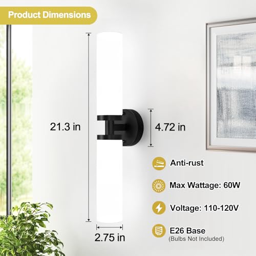 Image of Wall Sconces Set of Two, Matte Black Bathroom Sconces Wall Lighting with Milky White Glass, Hardwired Modern Sconces Wall Decor Set of 2 Bathroom Light Fixtures for Mirror Living Room Hallway Bedroom