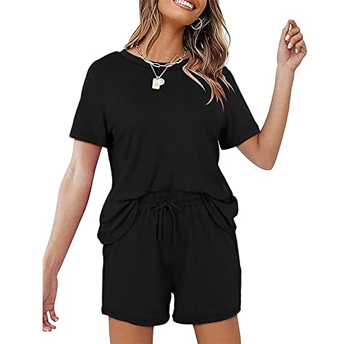 Conjunto feminino de duas peças, blusa e shorts de cor lisa com bolsos, Preto, P