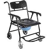  Fauteuil roulant de douche léger, fauteuil de transport à roulettes, réglable en hauteur et à pédales, fauteuil roulant de douche pour personnes âgées ou handicapées,Noir