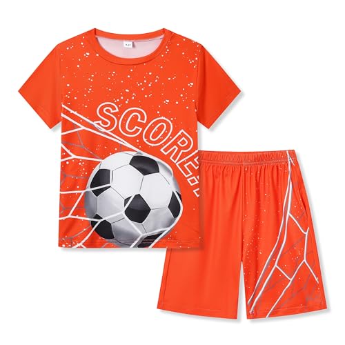 Ayzozuy Tween Boys Soccer Graphic Outfit Set – 2-Piece Summer Crewneck T‑Shirt & Shorts, Size 9‑10