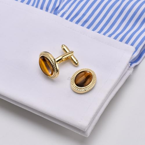 Jonwo Oval Natural Polished Tigers Eye Gemstone Cufflinks for Men Silver/14K Gold Plated Crystal Men\'s Cufflinks Jewelry for Wedding Anniversary Business Party Tuxedo Dress (Golden) - Thumbnail 3