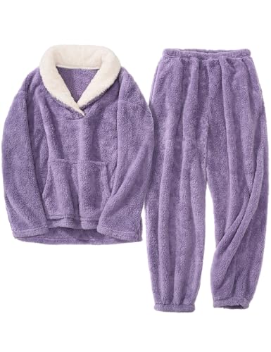 VXVGER Women's Fluffy Pajamas Set Winter Warm 2 Piece Plush Pullover Pants Fuzzy Fleece Sleepwear Loungewear Pjs with Pockets(Purple,L)