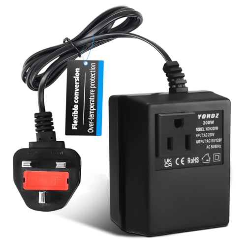 200W Step-Down Power Supply voltage converter 220V/240V to 110V/120V(UK Plug) Smart and Efficient Temperature-Protected Adapter Suitable for WiFi POS Machines and Power Bank