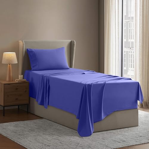Image of Nestl Twin Bed Sheet Set - Royal Blue - 3-Piece Deep Pocket | Instantly Soft, Night-One Ready (No Wash Required). Fits 16-Inch Deep Pockets, 360-Degree Elastic Grip
