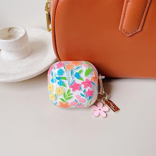 Image of MINSCOSE for AirPods 4 Clear Case,Cute Colorful Flowers Pattern Design with Girly Floral Keychain,Soft Silicone Protective Shockproof Cover with Cleaner Kit for Girls Women-Colorful