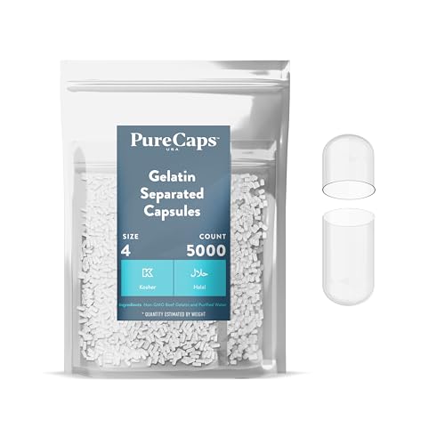 PureCaps USA - Empty Gelatin Capsules Size 4| 5,000 Separated Pills| Clear| Non-GMO Certified | SLS, Gluten, Preservative Free