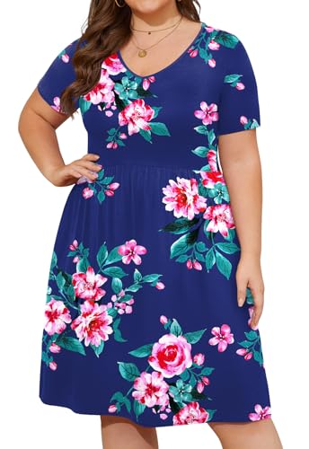 Image of DB MOON Women Plus Size Dresses 2026 Summer Casual V Neck Short Sleeve Knee Length Dress with Pockets