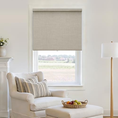 Blackout Roller Shades for Bedroom Window Cordless Free-Stop Blinds with Valance UV Protection 100% Black Out Linen Shades Blinds for Indoor Bathroom Windows Living Room Beige Oatmeal 31" W x 72" H by TWODRAPES - Used condition - US$51.24