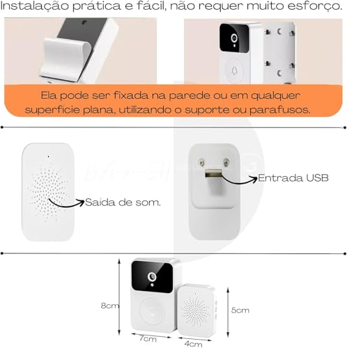 Campainha Inteligente com Câmera HD Integrada, Detecção de Movimento PIR, Alarme de Segurança, Inter