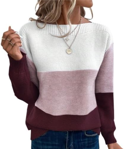 Women's Long Sleeve Fall Winter Pullover Sweaters Top Colorblock ...
