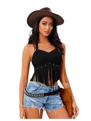 Women's Y2K Fringe Western Tops Halter Tassel Cowgirl 70s Hippie Top