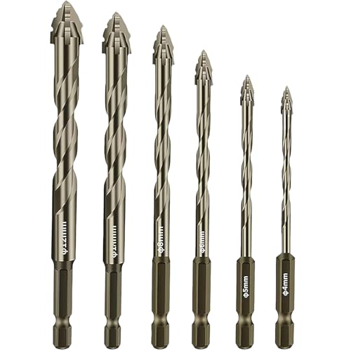 6 Pcs Four-Flute Sawtooth Eccentric Twist Drill Bit Concrete and Masonry Drill Bit Set Set for Concrete/Glass/Tile/Wood/Metal Hexagonal Shank Drills Short bits (4/5/6/8/10/12mm)