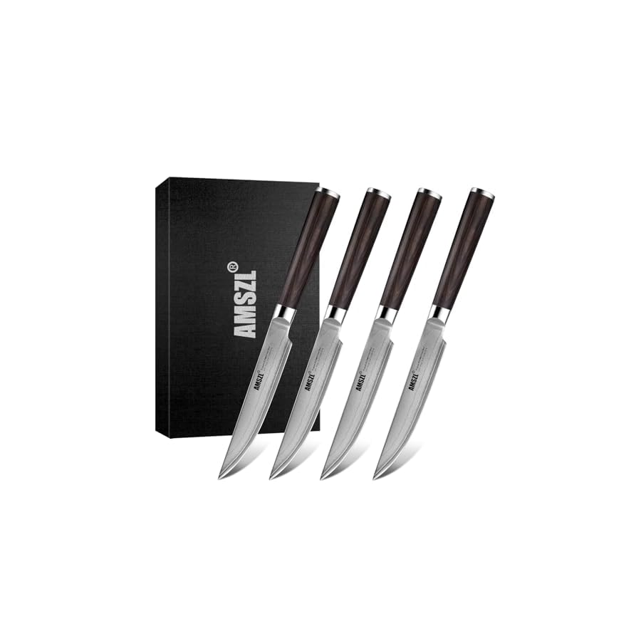 AMSZL 5.5" Steak Knives set of 4, 9Cr18MoV Clad Steel Core Forged Straight Edge Steak Knife - Pakka Handle - Gift Box