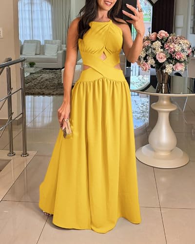 Image of CHICME Women's Sleeveless Halter Neck Dress Criss Cross Tie Back Split High Maxi Dress