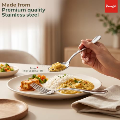 Image of Parage Tiara Stainless Steel Spoon Fork Set of 12, 6 Dinner Spoons 6 Dinner Forks with 2mm Thickness Heavy Gauge Cutlery Set, Mirror Finish Tableware for Home Kitchen Dining