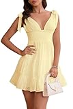 LUNAMODA Cute Short Dresses for Women Deep V Neck Empire Waist Sundress Tie Shoulder Tiered A Line Short Mini Dress Yellow, Medium
