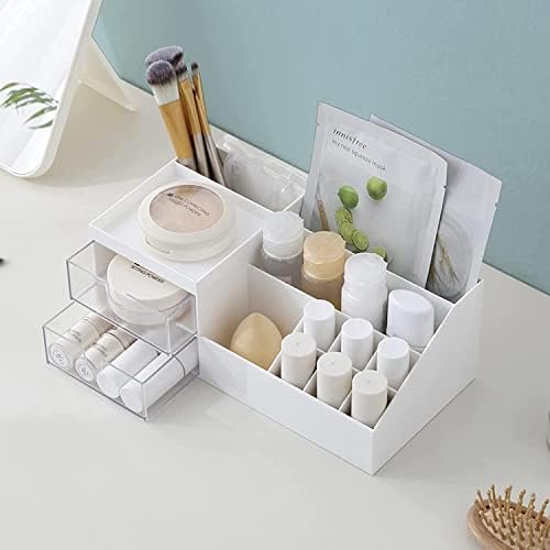 Makeup Organizer, Desk Cosmetic Storage Box Organizer with Drawers for Bathroom Counter or Dresser (Small, White)