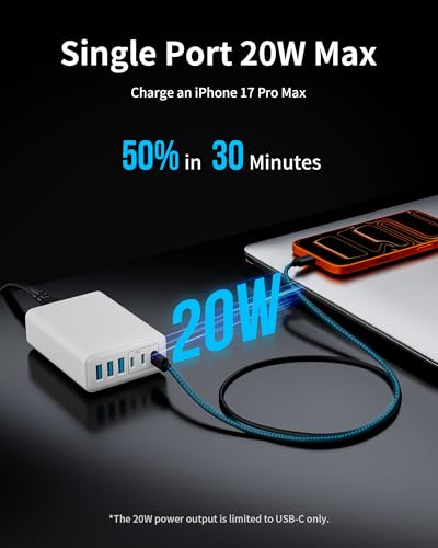 Image of 105W USB C Charger Block, 6-Port USB C Charging Station GaN III PD 20W Laptop Fast Charger Adapter for iPad Pro /Air /Mini, iPhone 17 /16 /15 /14 /13 /12 /11, Samsung and More (Cable Organizer Included)