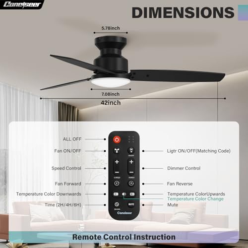 Modern 42 Inch Ceiling Fans with Lights and Remote, Bedroom Living Room Office, Flush Mount, 18W 3CCT Dimmable, Dual Color 3 Blades 6 Speed Reversible Quiet DC Motor, Black/Wood Grain thumbnail 8