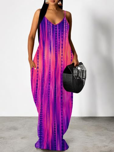 Image of Women's Summer Maxi Dress Spaghetti Strap Floral Boho Beach Long Sundress with Pockets